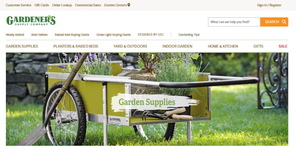 screenshot of Gardener's suppply company website