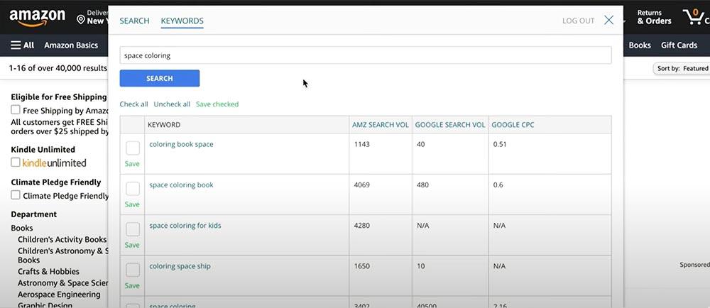 Screenshot of Amazon website showing keyword search about space coloring
