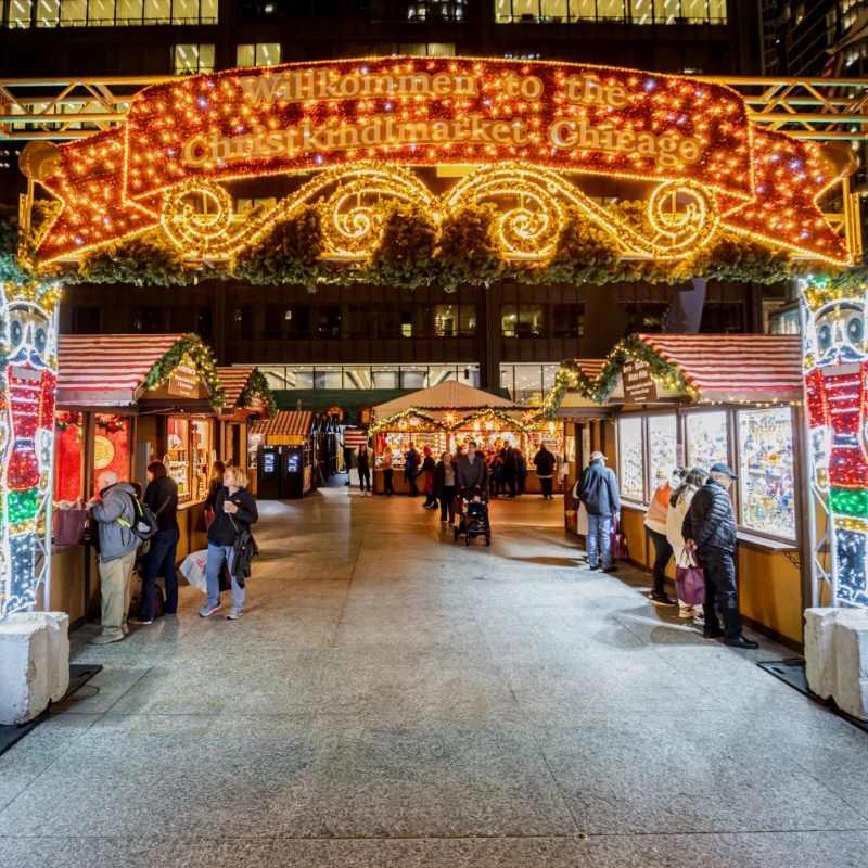 Chirtmas market arc with small stalls inside
