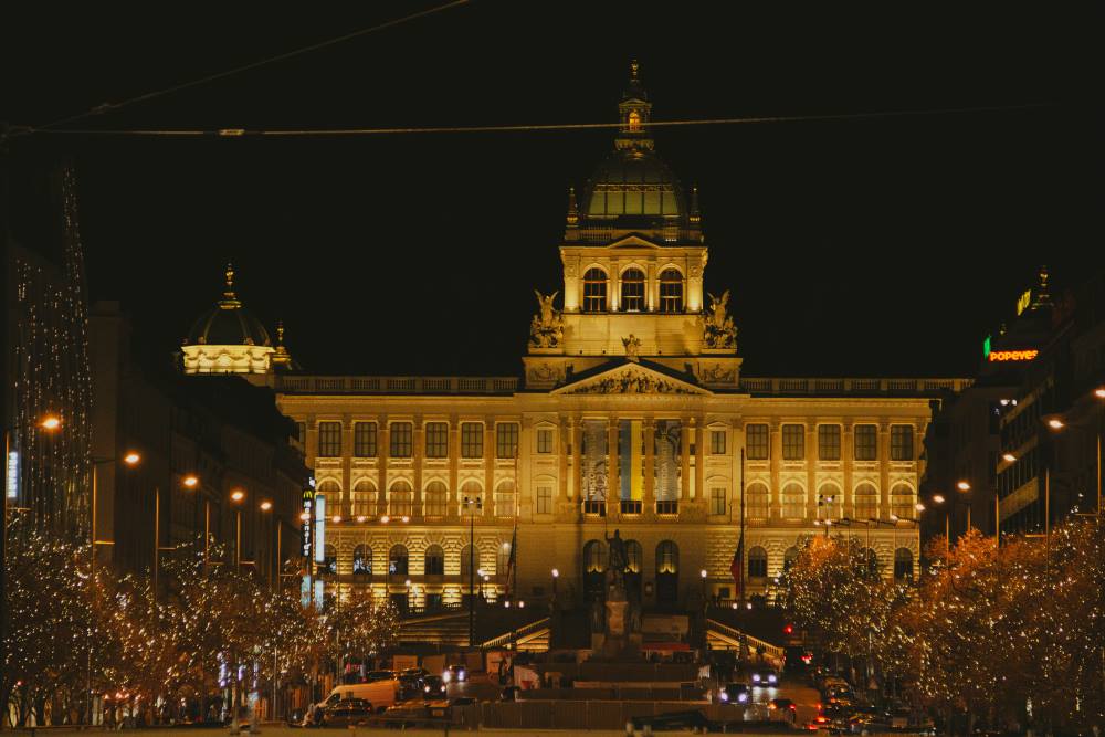 old structure building with trees in front during night time