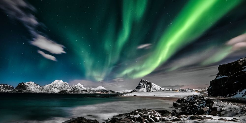green northern light on top of a hill full of snow and body of water - best european christmas destinations