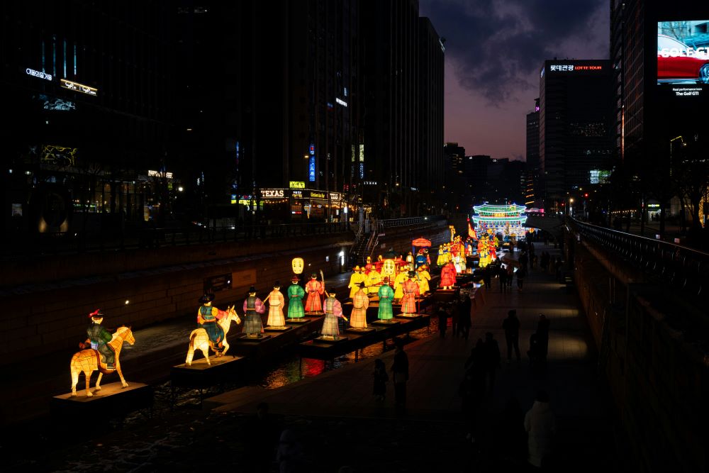 Cheonggyecheon Stream area with vibrant lights and decorations