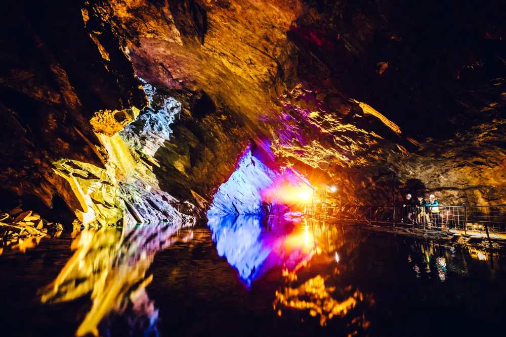 inside the cave with colorful lights