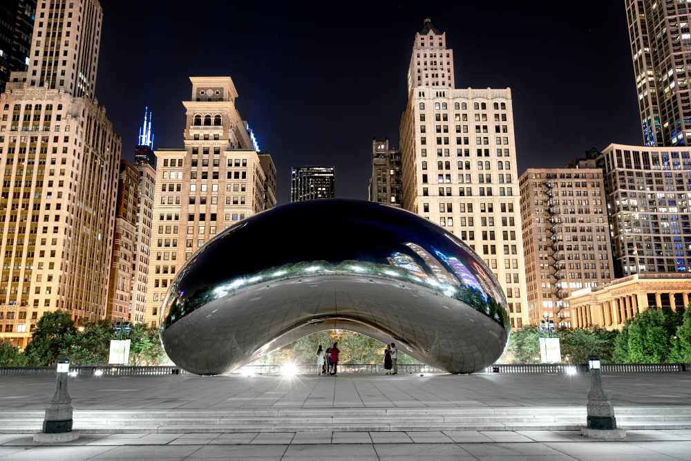 nig bean shape structuire in the midldle of the open park surrounded by high rise buildings