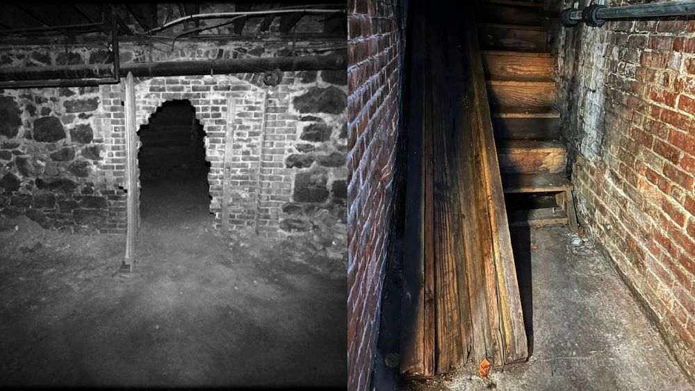 two image showing small hole like door in a tunnel underground