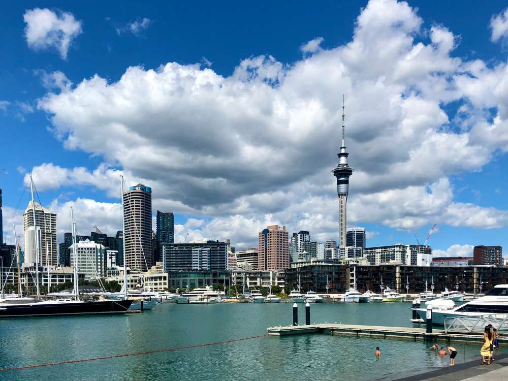 building beside sky tower in front of body of water