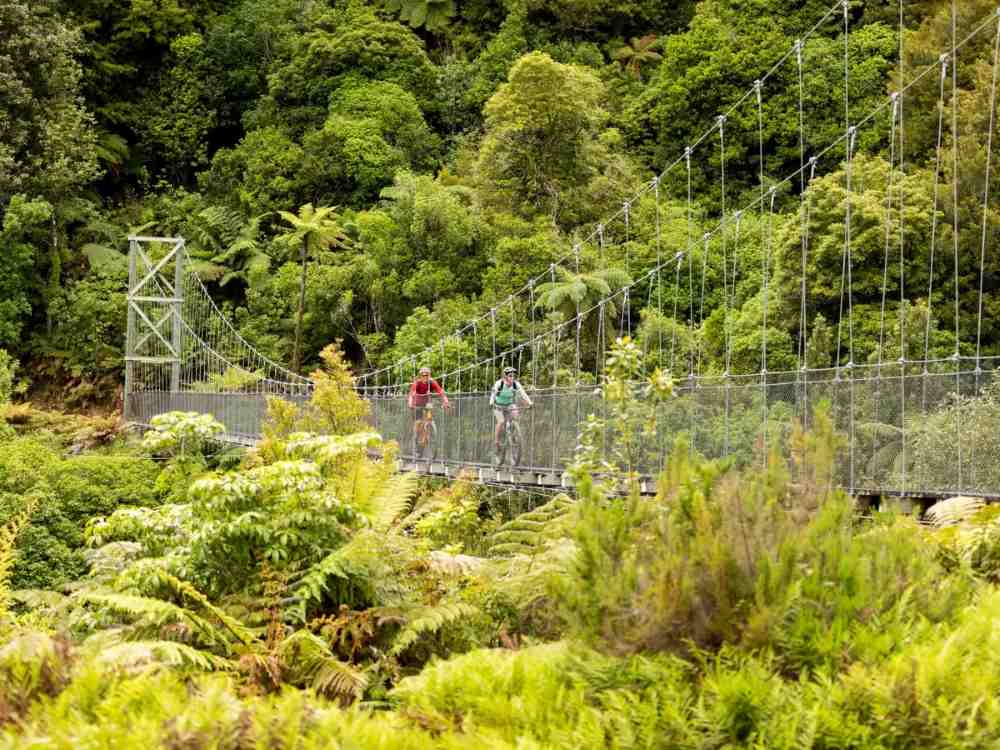 two people cycling in a bridge