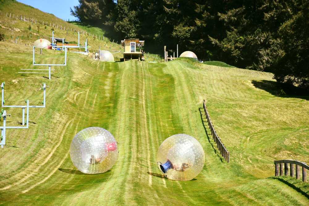 people inside  a giant inflatable sphere rolling down a gentle slope inside